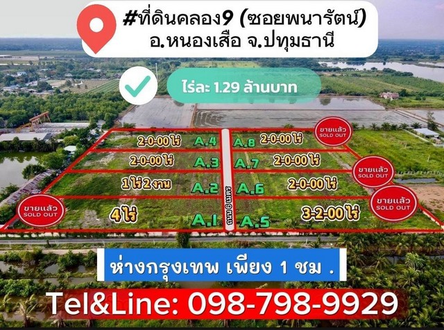 ที่ดินคลอง9 (ซ.พนารัตน์) รังสิต ปทุมธานี ไร่ละ 1.29 ล้านบาท (เข้าจากถนนรังสิต นครนายก 2.8 กม.)