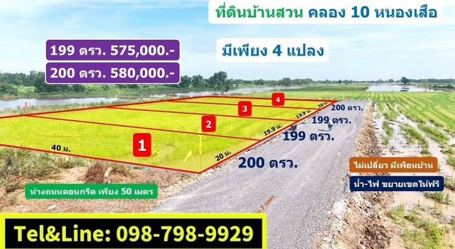 บ้านสวน วิวท้องนา ที่ดินคลอง10 รังสิต ปทุมธานี 200 ตรว. 580,000.-เท่านั้น