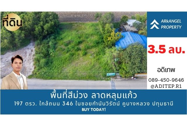 ขายด่วน! ที่ดินสีม่วง 197 ตรว. ใกล้ถนน 346 ในซอยกำนันวิรัตน์ คูขวางไทยซอย 4 คูบางหลวง ลาดหลุมแก้ว ปทุมธานี