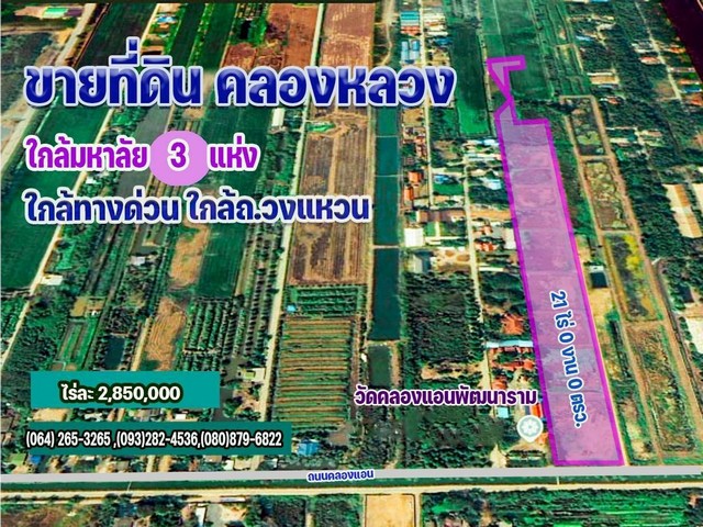 ขายด่วนที่ดินราคาถูก 21 ไร่ ใกล้ อบต คลองสาม ห่างจากถนนคลองหลวง เพียง 500 เมตร จ.ปทุมธานี (ใกล้ทางด่วน, ใกล้วนถนนวงแหวน)