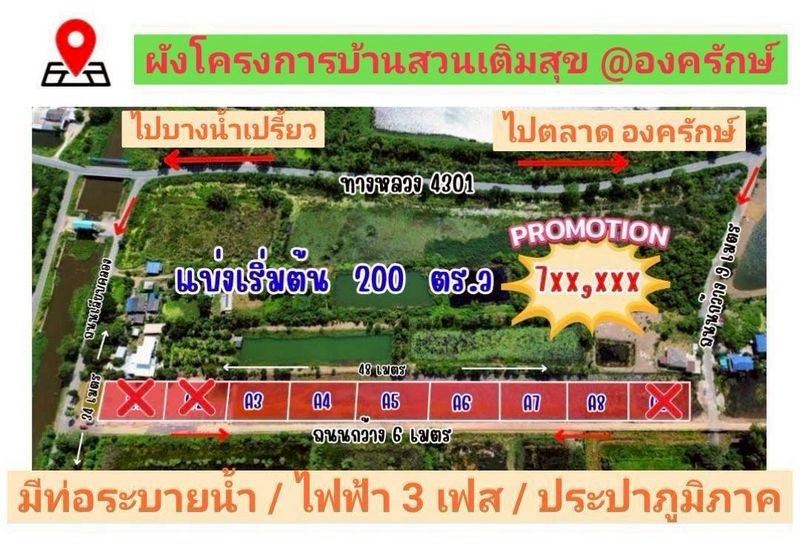 ขายที่ดินบ้านสวนเกษตร แบ่งแปลงขาย บ้านสวนเติมสุข อ.องครักษ์ จ.นครนายก ใกล้ มศว.องครักษ์ เพียง 5.6 กม.