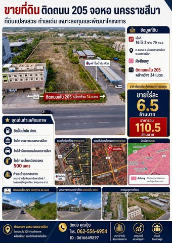 ขายที่ติดถนนใหญ่สุรนารายณ์ ขายที่ติดถนน205 ทำเลศักยภาพสูง เหมาะสำหรับนักลงทุนที่มองหาที่ดินเพื่อพัฒนาโครงการในอนาคต