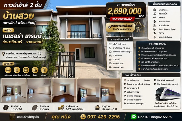 ขายทาวน์เฮ้าส์ 2 ชั้น หมู่บ้าน เนเชอร่า เทรนด์ รัตนาธิเบศร์ – ราชพฤกษ์ บ้านสวย สภาพใหม่ พร้อมเข้าอยู่ได้ทันที